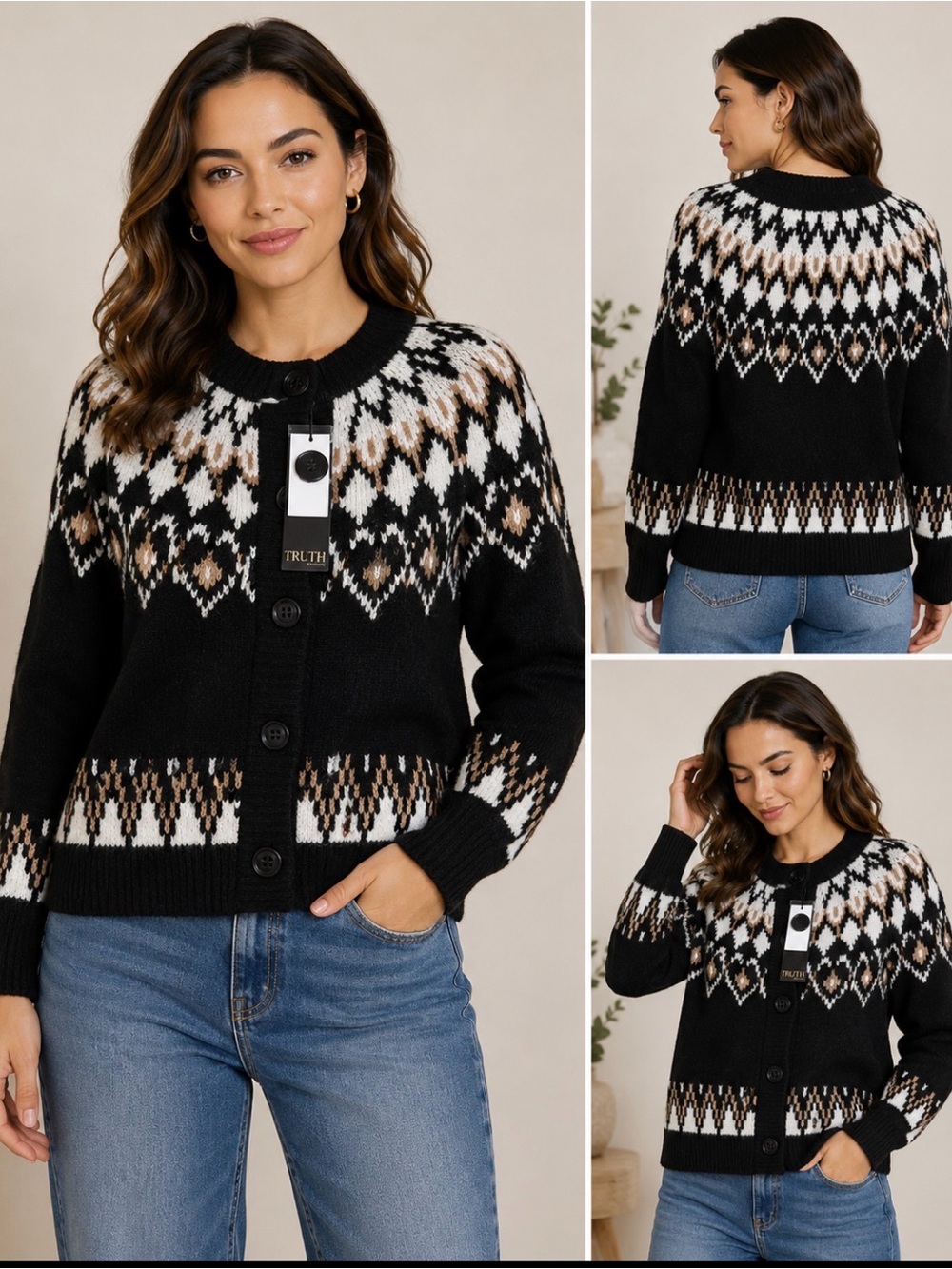 Truth by Republic Fair Isle Cardigan Sweater Black NWT Size S/P